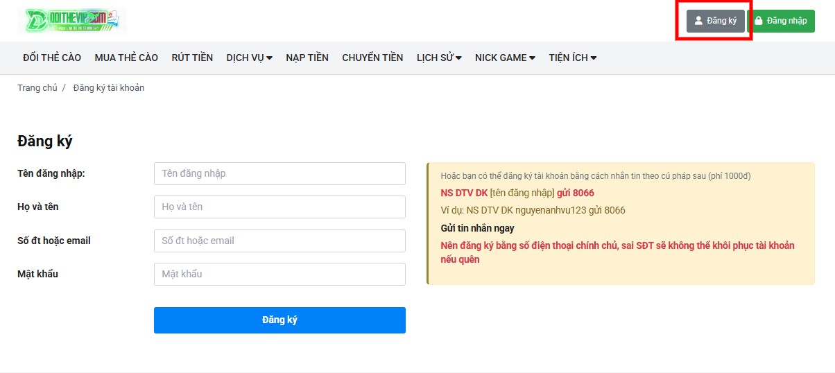 Đăng ký tài khoản DoiTheVip