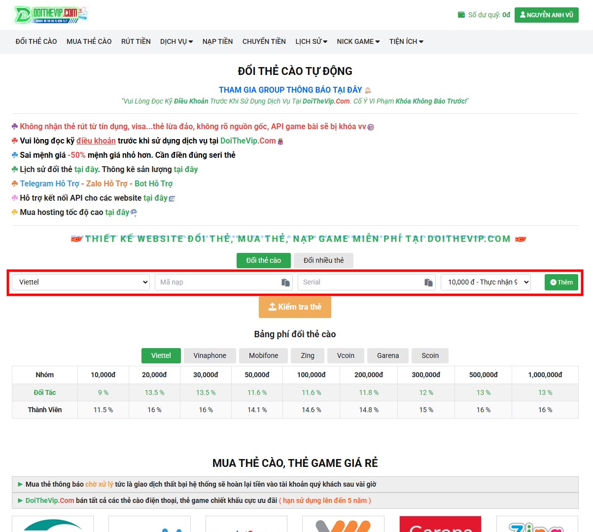 Đổi thẻ cào Viettel