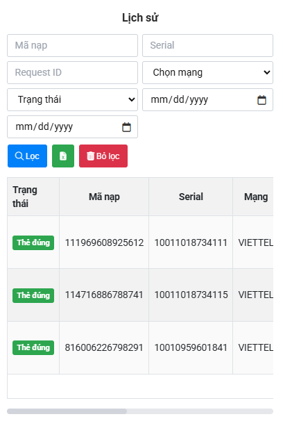 Lịch sử đổi thẻ cào tại DoiTheVip