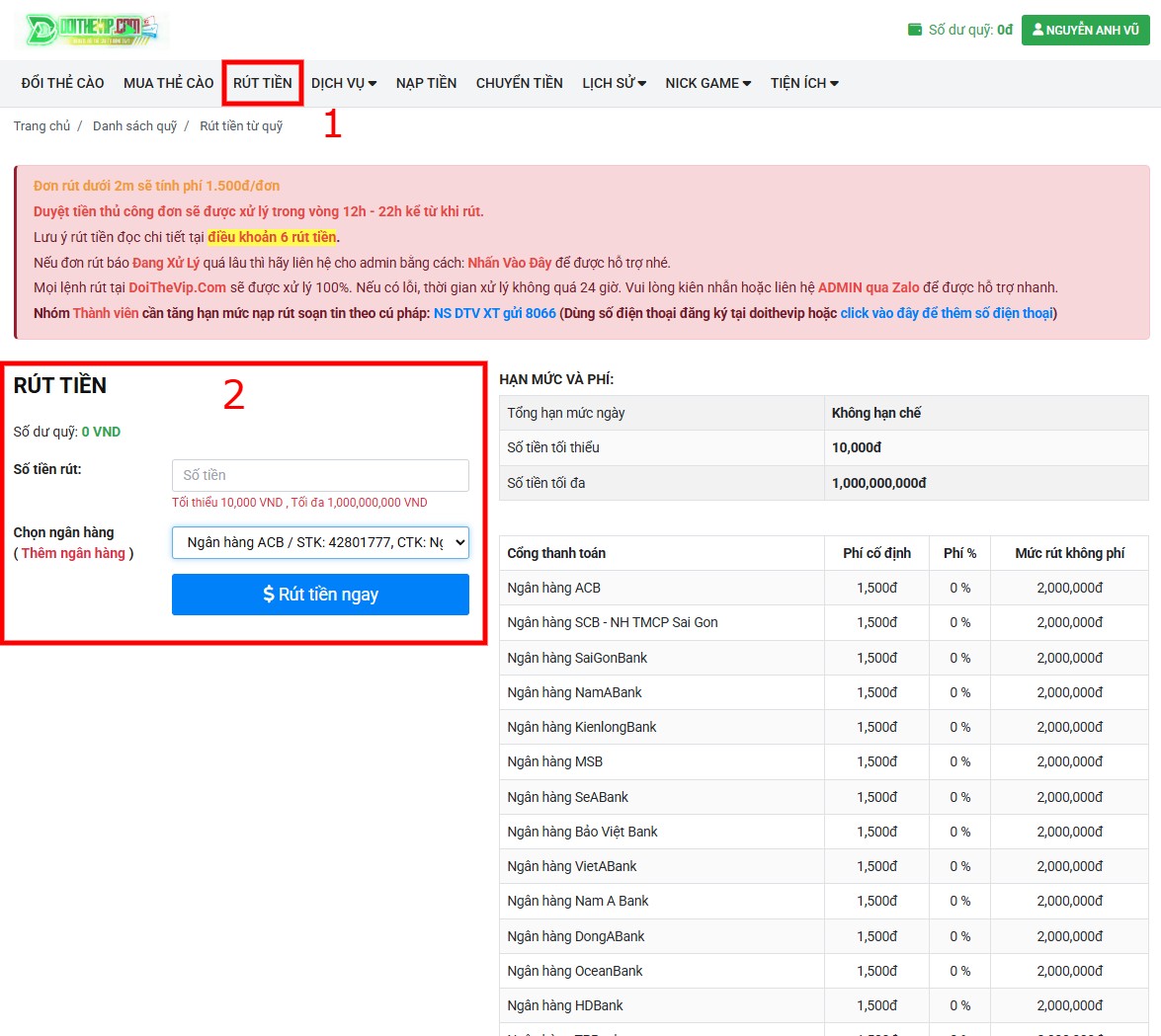 Rút tiền về ngân hàng